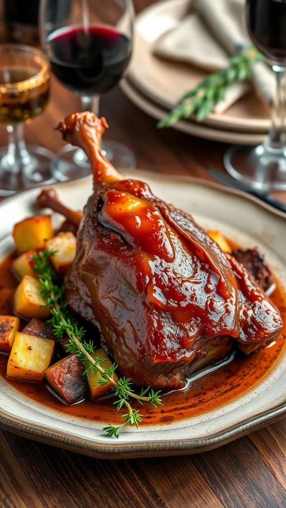 Crispy duck confit leg on a plate with roasted vegetables and thyme, set on a rustic wooden table.